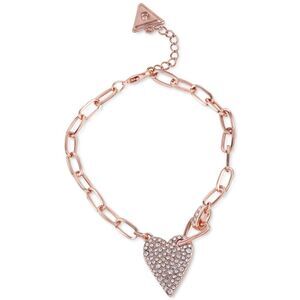 GUESS Rose Gold Tone Pavé Crystal Heart Paperclip Link Chain Bracelet New